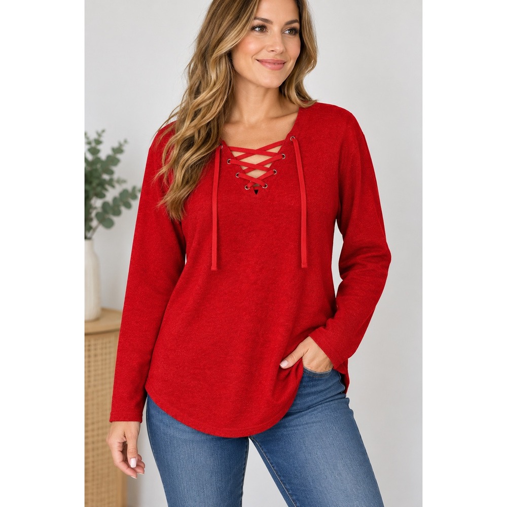 Women's Red Lace Up V-Neck Long Sleeve Knit Top 2XL Curved Hem Casual Retro Boho